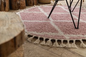 Tapete BERBER TROIK A0010 redondo cor de rosa/branco Franjas berbere marroquino shaggy