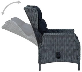 Cadeira jardim reclinável c/ almofadões vime PE cinzento-escuro
