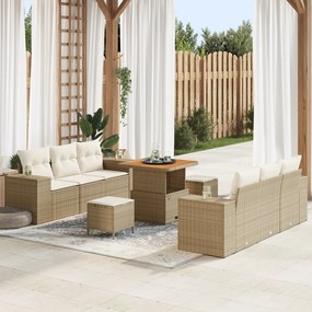 Conjunto de Sofá de Jardim de 9 Peças com Almofadas Bege Rattan Poliés