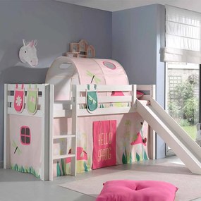 Conjunto Cama alta de Criança PINO 90 x 200 cm + estrado + escada + escorrega + cortina + 3 bolsas + túnel Primavera branca