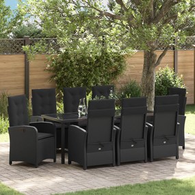 vidaXL Conjunto de Jantar para Jardim de 9 Peças com Almofadas Rattan Preto