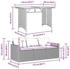 2 pcs conjunto de jantar p/ jardim c/ almofadões vime PE preto