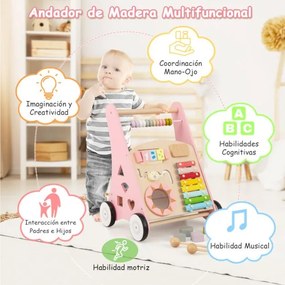 Andarilho de Bebé em Madeira Brinquedo Educativo de Atividade em Madeira com Rodas de Borracha Aprender a Andar para Bebés Rosa