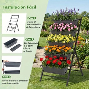 Floreira vertical de 5 níveis 57 x 71 x 115 cm com estrutura metálica, tabuleiros removíveis e orifícios de drenagem, para interior e exterior, Preta