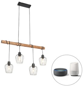 LED Candeeiro de suspensão inteligente preto com madeira incl. 4 Wifi A60 - Stronk Rústico