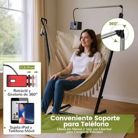 Cadeira de baloiço com suporte de altura ajustável de jardim exterior com estrutura, suporte para telemóvel, almofada e bolso lateral bege