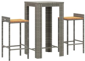 3 pcs conjunto de bar p/ jardim vime PE/acácia maciça cinzento