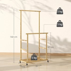 Charriot com Rodas de Bambu com Sapateira 2 Barras para Pendurar para Entrada Corredor Quarto 80x40x160 cm Madeira