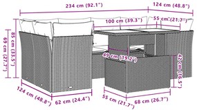 7 pcs conjunto sofás p/ jardim c/ almofadões vime PE cinzento