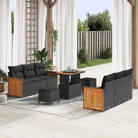 Conjunto de Sofá de Jardim vidaXL de 9 Peças com Almofadas Preto de Rattan Sintético e Acácia