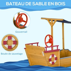 Caixa de areia em forma de barco pirata em madeira - Tela de sombra, baú de arrumação, leme - Madeira de abeto pré-oleada 160x70x103 cm