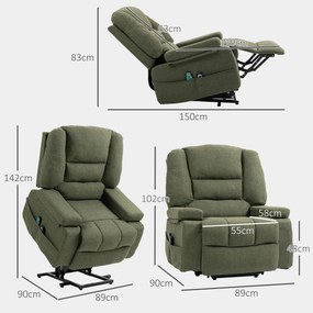 Poltrona elevatória elétrica com função de relaxamento, massagem e aquecimento, inclinação ajustável, apoio para os pés, comandos remotos, verde