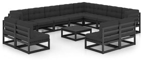 vidaXL 14 pcs conjunto longue jardim c/ almofadões pinho maciço preto