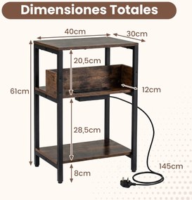 Mesa apoio de 3 níveis 40 x 30 x 61 cm com estação de carregamento USB e tomadas estilo industrial para sala e quarto Castanho Rústico e Preto