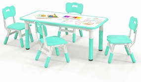 Conjunto de mesa para crianças e 4 cadeiras mesa regulável em altura com superfície de graffiti multifunções para arte e estudo Verde