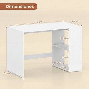 Mesa de Escritório, 112 x 60 cm, 2 Prateleiras Abertas, Branco