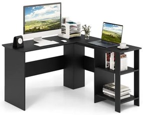 Mesa de computador em formato de L, mesa de canto com 2 furos para cabos e 2 prateleiras, suporte para CPU, branca