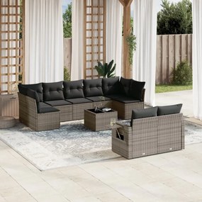 10 pcs conjunto sofás de jardim c/ almofadões vime PE cinzento