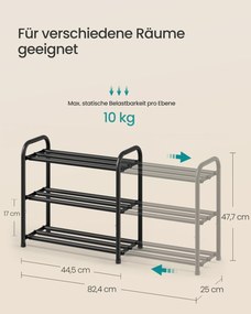 Sapateira extensível com prateleiras ajustáveis 25 x (44,5-82,4) x 47,7 cm, 3 níveis, em metal Preto