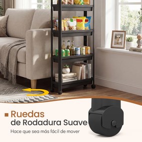 Carrinho de 5 prateleiras, estreito, com rodas suaves 54 x 18,5 x 124 cm em PP Organizador multifuncional para casa de banho, cozinha e lavandaria Pre