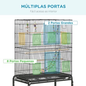 Gaiola para Pássaros com Rodas com 4 Comedouros 3 Poleiros Brinquedos Bandeja Amovível e Prateleira 79x49x133 cm Preto