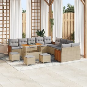 Conjunto de Sofás de Jardim vidaXL de 14 Peças com Almofadas Bege em Rattan Sintético e Acácia