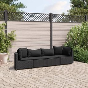 4 pcs conjunto de sofás para jardim c/ almofadões vime PE preto