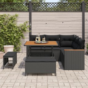 Conjunto de Sofá Jardim em 8 Peças com Almofadas Preto Rattan Poliéste