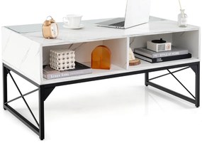 Mesa lateral de vidro de 20 polegadas com estrutura de metal e tampo de vidro de mármore falso - preto e branco