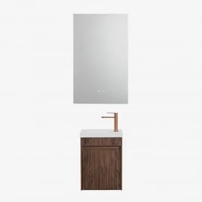 Conjunto De Móvel De Casa De Banho Suspenso Em Madeira Com Lavatório Integrado Narek Madeira Escura & Retangular Led E Anti-embaciamento - Sklum