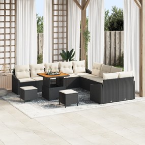 Conjunto de Sofá de Jardim vidaXL 13 Peças com Almofadas Preto Vime Poliéster Acácia