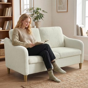 Sofá de 2 lugares, sofá de sala em tecido bouclé com almofadas incluídas, assento almofadado, 137 x 69 x 82 cm, creme
