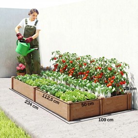 Floreira de madeira para horta, floreira elevada com 4 zonas de cultivo, fundo aberto, montagem sem ferramentas, 234 x 109 x 25 cm, castanho claro