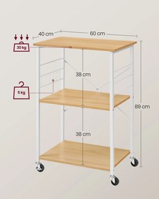 Carrinho de cozinha com Rodas com 3 níveis 40 x 60 x 89 cm carvalho e branco