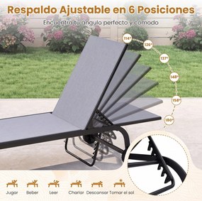 Espreguiçadeira de jardim com rodas 190-164 x 69 x 36-101 cm, encosto ajustável em 6 posições, Estrutura metálica, capacidade de 150 kg, para pátio, t
