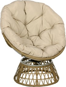 Cadeira Papasan Giratória de Vime Sintético com Almofada Suporta 120 kg para Exterior Jardim Terraço 85x70x82 cm Castanho e Cáqui