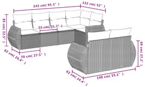 7 pcs conjunto sofás p/ jardim c/ almofadões vime PE cinzento
