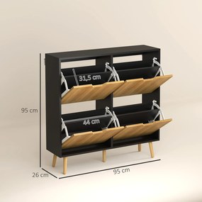 Sapateira para 16 Pares de Sapatos com 4 Gavetas e Prateleiras Ajustáveis 95x26x95 cm Madeira e Preto
