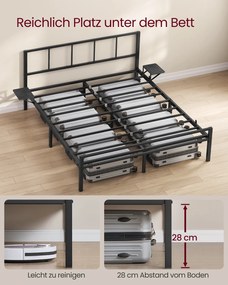 Estrutura de cama de casal 140 x 200 cm (COLCHÃO NÃO INCLUIDO) em metal com prateleiras de arrumação Preto
