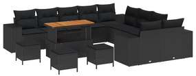 vidaXL Conjunto de Sofá de Jardim com almofada 14 pcs Preto vime PE