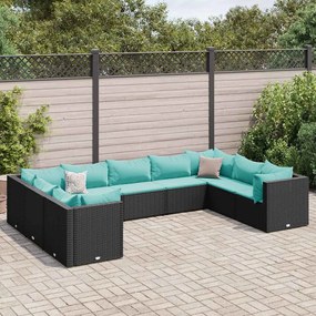 9 pcs conjunto lounge de jardim c/ almofadões vime PE preto