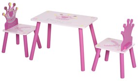 HOMCOM Conjunto de Mesa e 2 Cadeiras Infantis de madeira para crianças acima de 2 anos Set de Mesa 55x34x42cm e Cadeiras 28x26x50cm Rosa