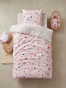 Conjunto capa de edredon + fronha de almofada para criança, tema Corações em Festa rosa claro estampado