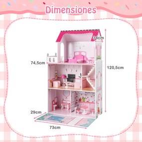 Casa de bonecas de madeira 74,5 x 34 x 120,5 cm com 18 peças de mobiliário e escada rosa
