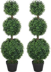 Conjunto de 2 árvores artificiais de 101,6 cm com 3 bolas de buxo topiárias, planta artificial verde em PE, com vaso interior e exterior