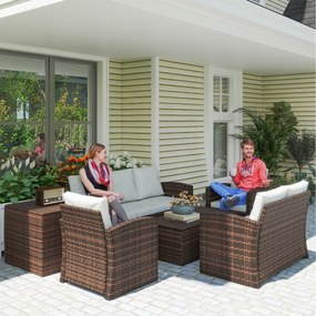Conjunto de Jardim Exterior de Vime 6 Peças Almofadas Sofá Duplo Sofá de 3 Lugares 2 Poltronas 2 Mesas Auxiliares Bege