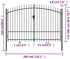 Portão p/ cerca porta dupla topo em espetos 3x2 m aço preto