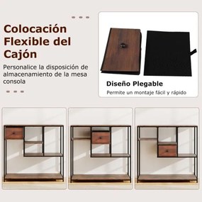 Mesa Consola 100 cm com Gaveta de Armazenamento e Estante de 4 Níveis Estilo Industrial para Sala e Corredor Castanho rústico e preto