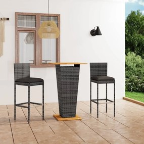 vidaXL 3 pcs conjunto de bar p/ jardim c/ almofadões vime PE cinzento
