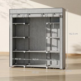 Guarda roupa dobrável em tecido, com barra para pendurar roupa e prateleiras, 150 x 43 x 162,5 cm, cinzento claro